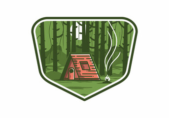 illustration of a log cabin in the forest under tall and big trees