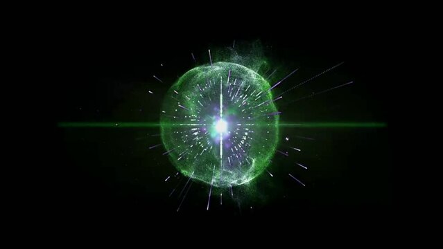 Animated green light power ball effect isolate on black background.
