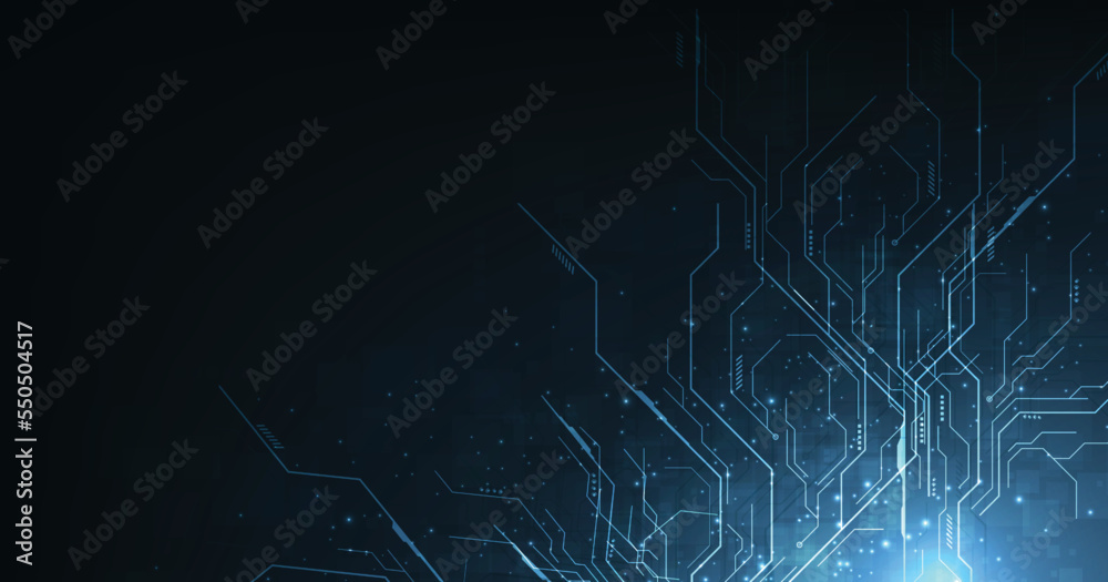Poster Circuit technology background with hi-tech digital data connection system.Circuit board on dark blue background.High tech connection concept.