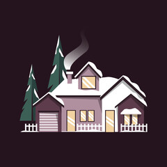 House Home Snow Winter Season Pine Tree Nature Illustration