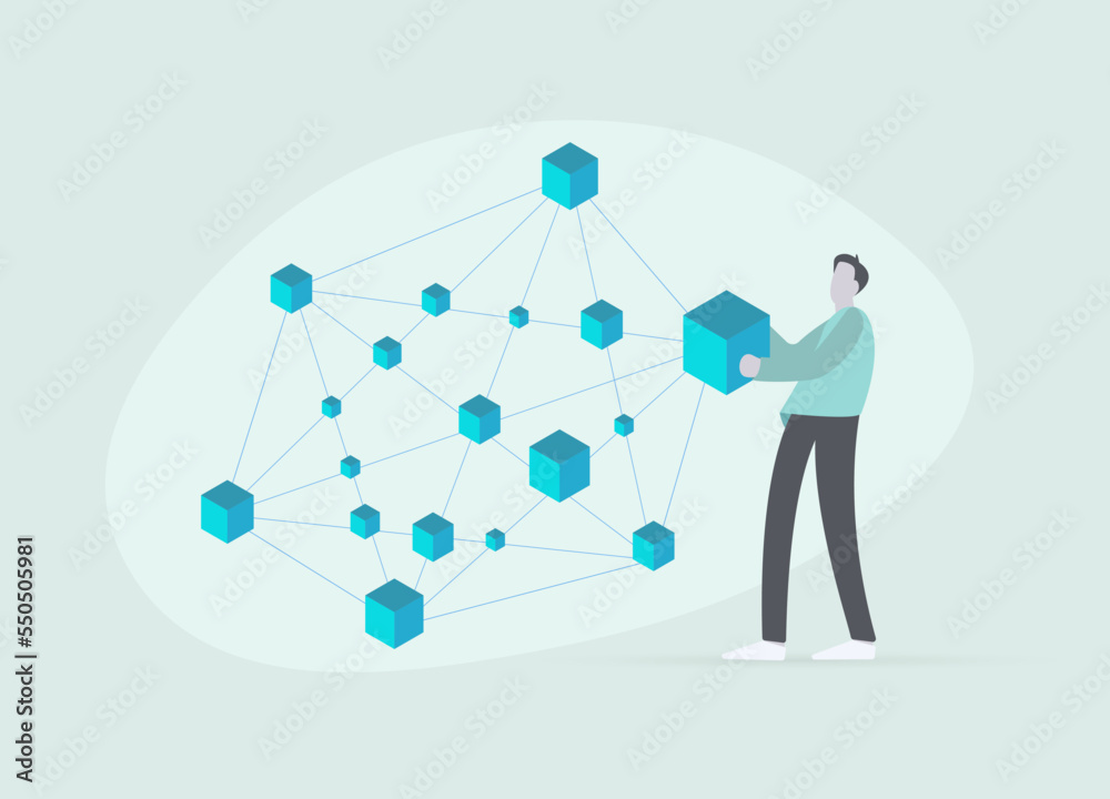 Aufkleber blockchain network concept. cartoon character a participant in a decentralized network validates a b
