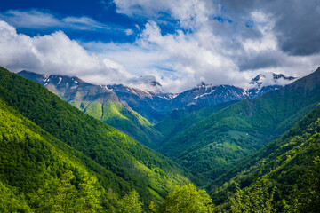View on the Lez river valley with snow covered peaks in the background on a beautiful summer day in the French Pyrenees mountains range