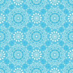 Vector blue and white  lacy decorative background with snowflakes. Seamless ornament.