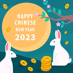 happy chinese new year design concept with two rabbits, a moon, coins, and tree