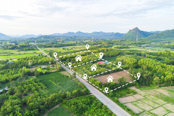 Land plot for building house aerial view, land field with pins, pin location for housing subdivision residential development owned sale rent buy or investment home or house expand the city suburb - 550507520