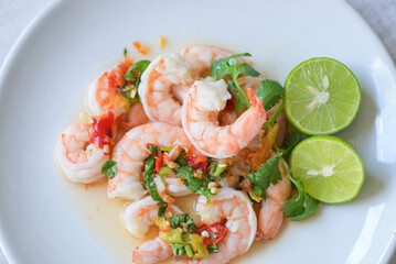 cooked shrimps prawns and seafood spicy chili sauce coriander, cooking shrimp salad lemon lime, Fresh shrimp on white plate and fresh vegetables