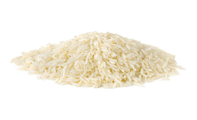 Dry white long rice basmati pile isolated on a white background.