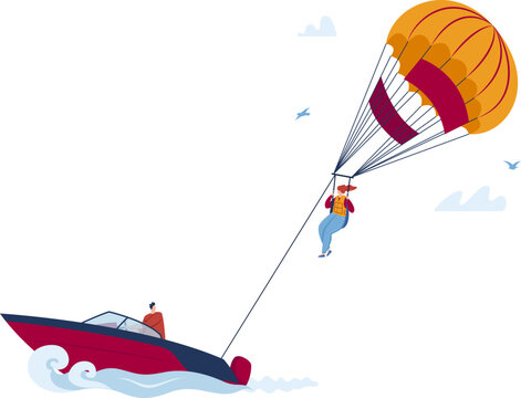 Summer parachute extreme sport at water, sun holiday vacation with paragliding, vector illustration. Fly travel at sky, boat in sea hold parasailing