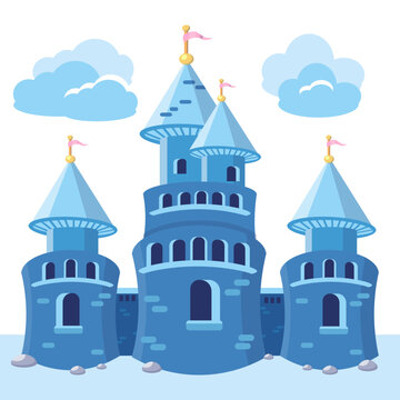 Coloured castle, building for king, queen, princess. Old medieval building with towers. Vector illustration in cartoon style for design. © AngArt