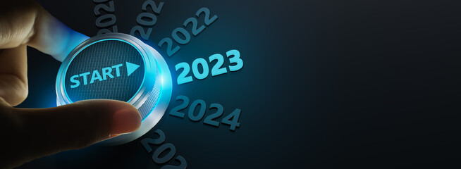 happy new year 2022,Finger about to twist the start button 2023 with the text 2022,2023,2024 and start on twist button.Concept of planning,start,career path,business strategy,opportunity and change - obrazy, fototapety, plakaty