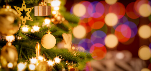 Fototapeta na wymiar 3D illustration render. Decorated Christmas tree on blurred background