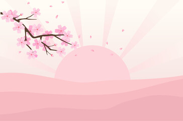 Cherry blossom Sakura branch and sunrise on pink pastel background vector illustration. Wall art decoration.