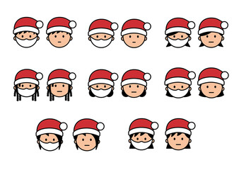 Xmas Christmas Santa Claus Human face, face mask, Vector illustration man and female set アイコン 顔 男 女 ピクトグラム マスク 風邪 イラスト