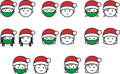 Xmas Christmas Santa Claus Human face, face mask, Vector illustration man and female set アイコン 顔 男 女 ピクトグラム マスク 風邪 イラスト