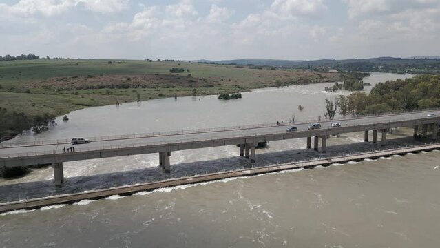 Vaal River in South Africa in spring water flood conditions, aerial