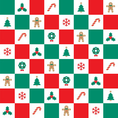 Cute Merry Christmas Tree Red Green Holly Candy Cane Gingerbread Wreath Snowflake Stripe Striped Check Checkered Plaid Tartan Buffalo Scott Gingham Background Seamless Pattern