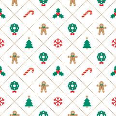 Cute Merry Christmas Tree Red Green Blue Christmas Tree Dash Line Diagonal Stripe Striped Line Mesh Grid Checkered Plaid Tartan Buffalo Scott Gingham Background Seamless Pattern for Christmas Festival
