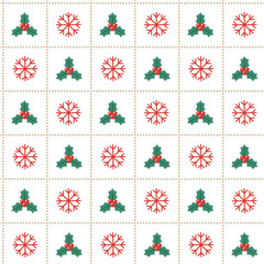 Cute Merry Christmas Holly Mistletoe Snow Snowflake Red Green Dash Line Mesh Grid Stripe Striped Line Checkered Plaid Tartan Buffalo Scott Gingham Background Seamless Pattern for Christmas Festival