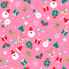 Cute Merry Christmas Holly Star Present Gift Box Snowflake Gingerbread Man Christmas Hat Bell Confetti Element Ditsy Memphis Abstract Colorful Pink Seamless Pattern Background for Christmas Party