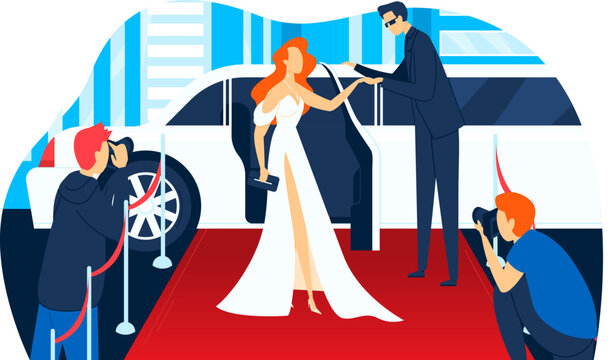 Luxury celebrity people near limousine, vip star get out car to ted carpet, vector illustration. Hollywood event with woman famous character