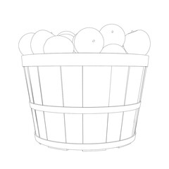 Outline of a pile of apples in a bucket from black lines isolated on a white background. Side view. 3D. Vector illustration.