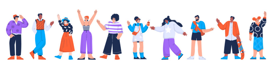 Flat set of diverse people isolated on white background. Vector illustration of male and female characters wearing modern casual clothes standing in line, smiling, waving hands, showing victory sign