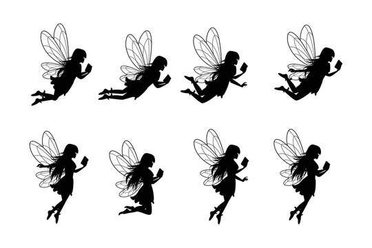 cute fairy reading book silhouette set