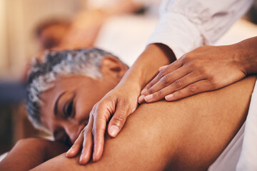 Senior woman, hands and body massage for spa wellness, luxury zen therapy and healthy skin. Elerly...