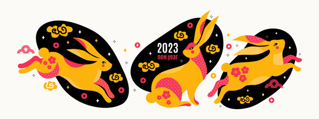 Happy new year 2023 greeting card. Chinese zodiac Rabbit symbol. Jumping, running bunnie. Mid Autumn Festival or Chinese Lunar new year. Moon Hare on starry sky. Collection flat vector illustrations.
