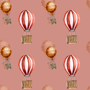 Retro hot air balloon vintage style watercolor seamless pattern isolated.
