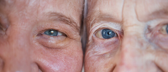 Face, eyes and love with a senior couple closeup inside enjoying retirement while spending time...