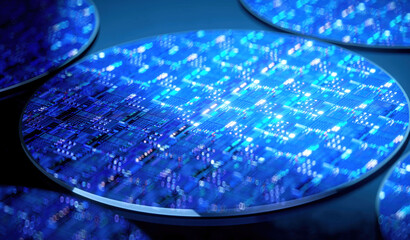 3D rendering of cyberpunk AI. Circuit board. Technology background. Central Computer Processors CPU and GPU concept. Motherboard digital chip. Tech science background.