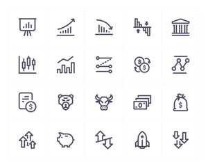 Stock market line icon set. Vector illustration on white background. 200x200 pixel perfect.