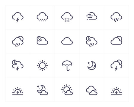 Weather and forecast line icon set. Vector illustration on white background. 200x200 pixel perfect.
