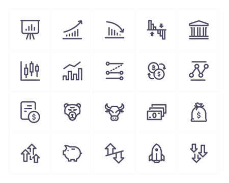 Stock market line icon set. Vector illustration on white background. 200x200 pixel perfect.