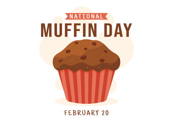 National Muffin Day on February 20th with Chocolate Chip Food Classic Muffins Delicious in Flat Cartoon Hand Drawn Template Illustration