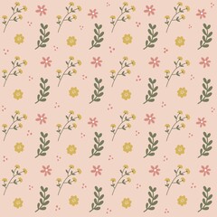 Botanical watercolor seamless pattern. Floral and colorful background. Cute design of flowers and leaves.