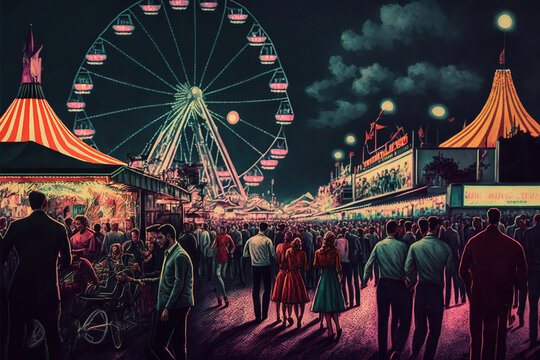 AI Generated Image Of A Carnival Or State Fair From The 1960s. Rides, Shows, Shops, Etc	
