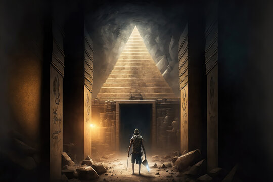 AI generated image of explorer inside an ancient Egyptian pyramid, with various artifacts on the ground and heliographs on the walls	
