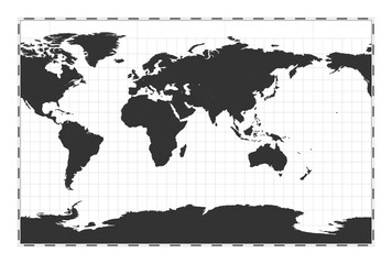 Vector world map. Cylindrical stereographic projection. Plan world geographical map with latitude/longitude lines. Centered to 60deg W longitude. Vector illustration.