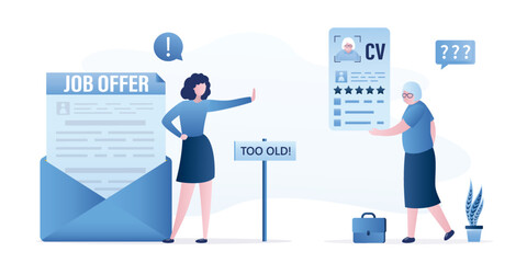 Job restrictions, HR manager with placard - too old. Elderly woman holds resume. Boss with job offer, only for young adults. Age discrimination, ageism. Unhappy aged job seeker, unemployment.