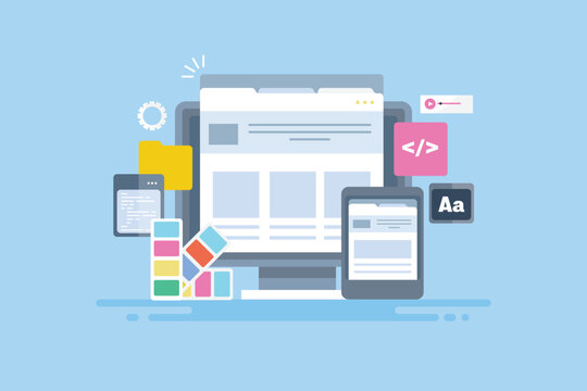 Web design, UI ux application design colour, coding development concept, responsive website on digital devices banner.