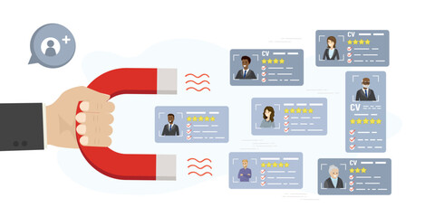 HR agent uses magnet and attract resume of job seekers. Interview, recruitment, hiring process. Various cv of applicants. Search for new staff, employment concept. Human resources.