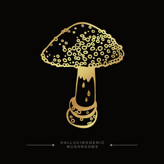A stylized image of a psilocybin mushroom. Hand drawn toadstool concept. Golden drawing of hallucinogenic mushroom. Fly agaric golden sticker. Vector illustration