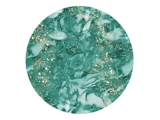 Green teal circle element with trendy color marble texture, shining golden paths, rounded geometric shape, isolated object, trendy and clean design, minimal, local art, elegant design, 