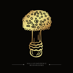 Hand drawn toadstool concept. Golden drawing of hallucinogenic mushroom. Fly agaric golden sticker. A stylized image of a psilocybin mushroom. Vector illustration