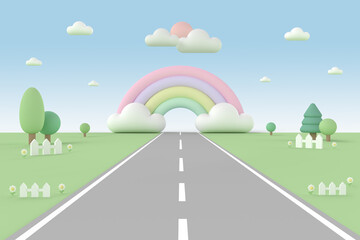 Minimal cartoon road in landscape background for baby and kid in pastel tone colors. 3D rendering.