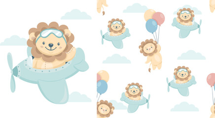 Printable print and seamless pattern. Cute lion cub flying on balloons and airplane. Print for printing on children's products and clothing. Pattern for design of children's products 