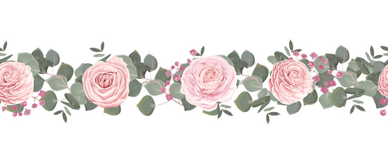 Seamless vector pattern. Floral border. Green eucalyptus, pink roses, ranunculus, pink gypsophila. 