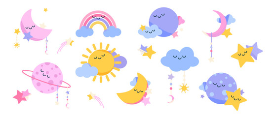 Boho nursery decoration, cute baby sleeping crescent, rainbow, sun with clouds, stars and planets kawaii characters. Decor for newborn kid bedroom, playroom interior, good night Cartoon vector set